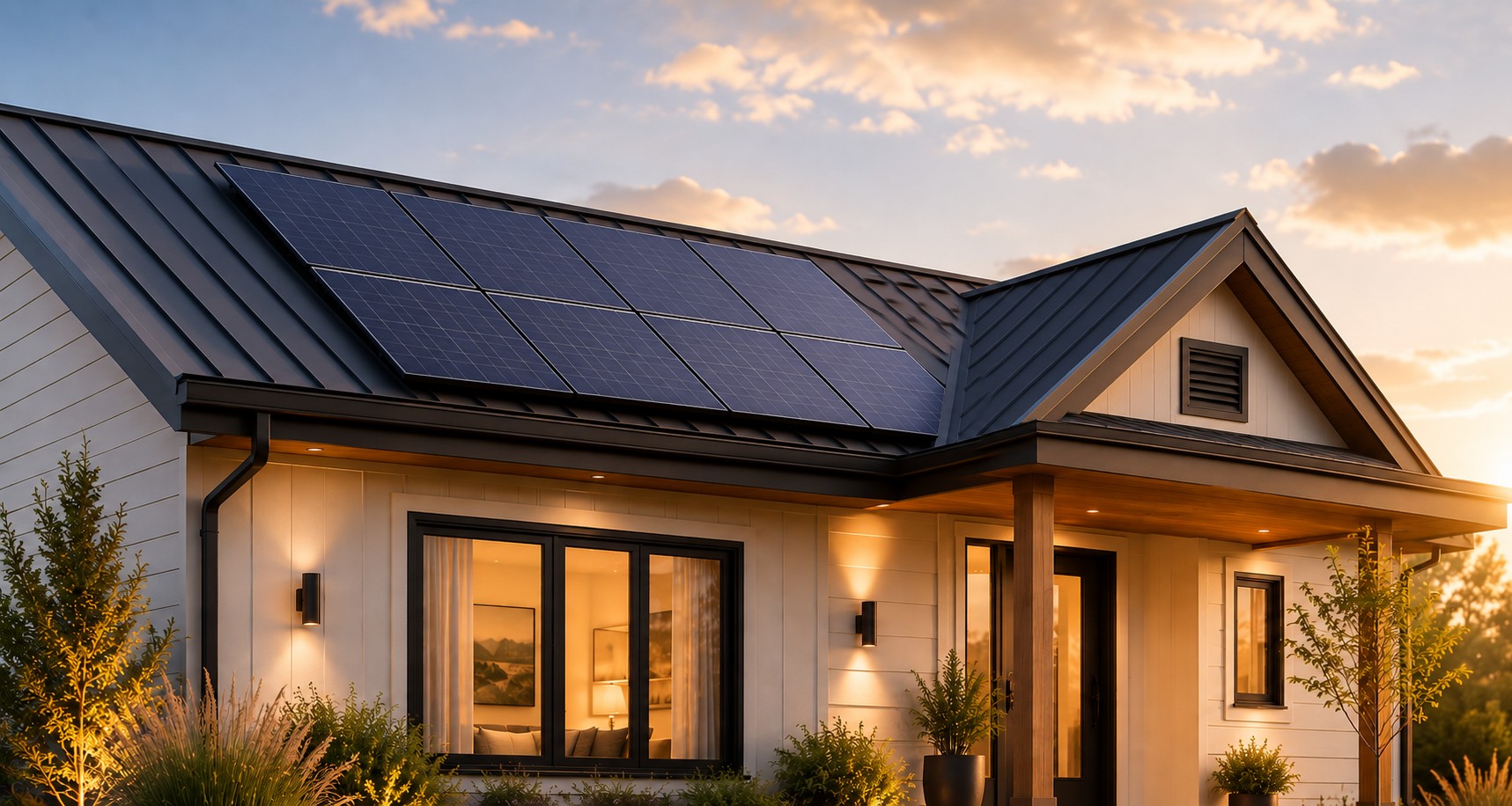 Solar panels integrated into a small residential roofline